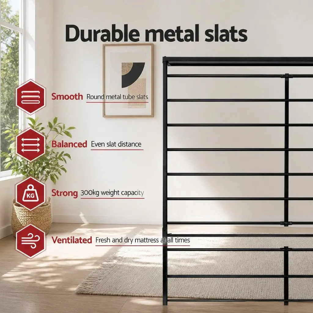 Queen Metal Bed Frame Black Steel Powder-Coated with Underneath Storage Support Slats