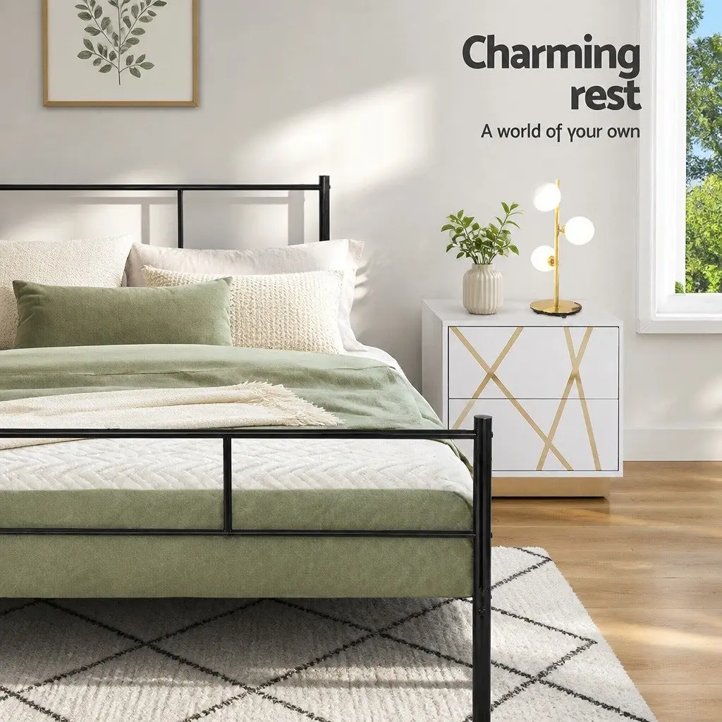 Queen Metal Bed Frame Black Steel Powder-Coated with Underneath Storage Support Slats