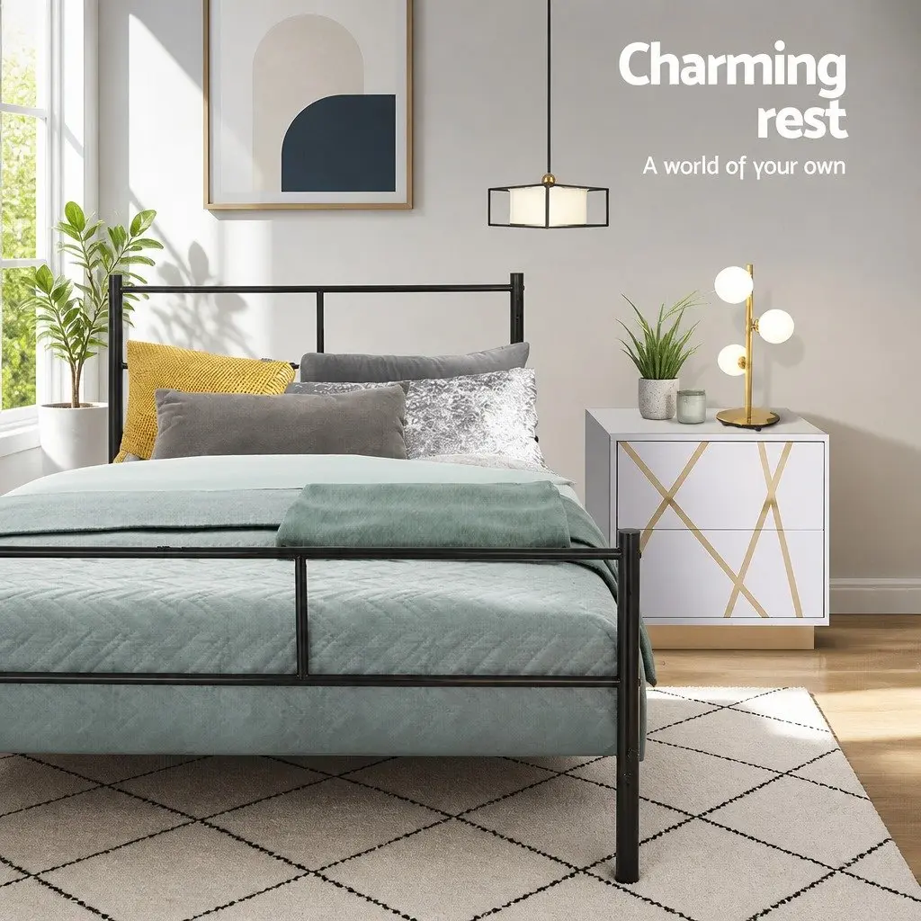 Queen Metal Bed Frame Black Steel Powder-Coated with Underneath Storage Support Slats