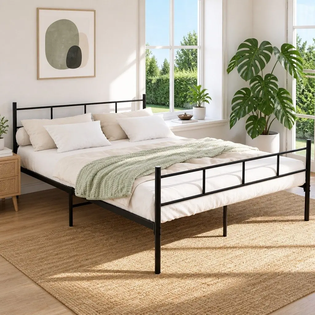Queen Metal Bed Frame Black Steel Powder-Coated with Underneath Storage Support Slats
