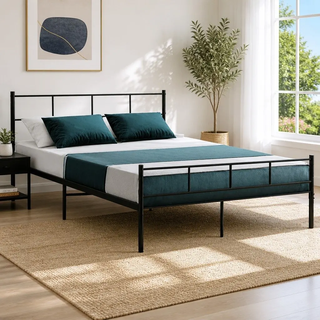 Queen Metal Bed Frame Black Steel Powder-Coated with Underneath Storage Support Slats