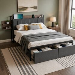 Metal Bed Frame Double Size with 2-Tier Hidden Storage Headboard Charging