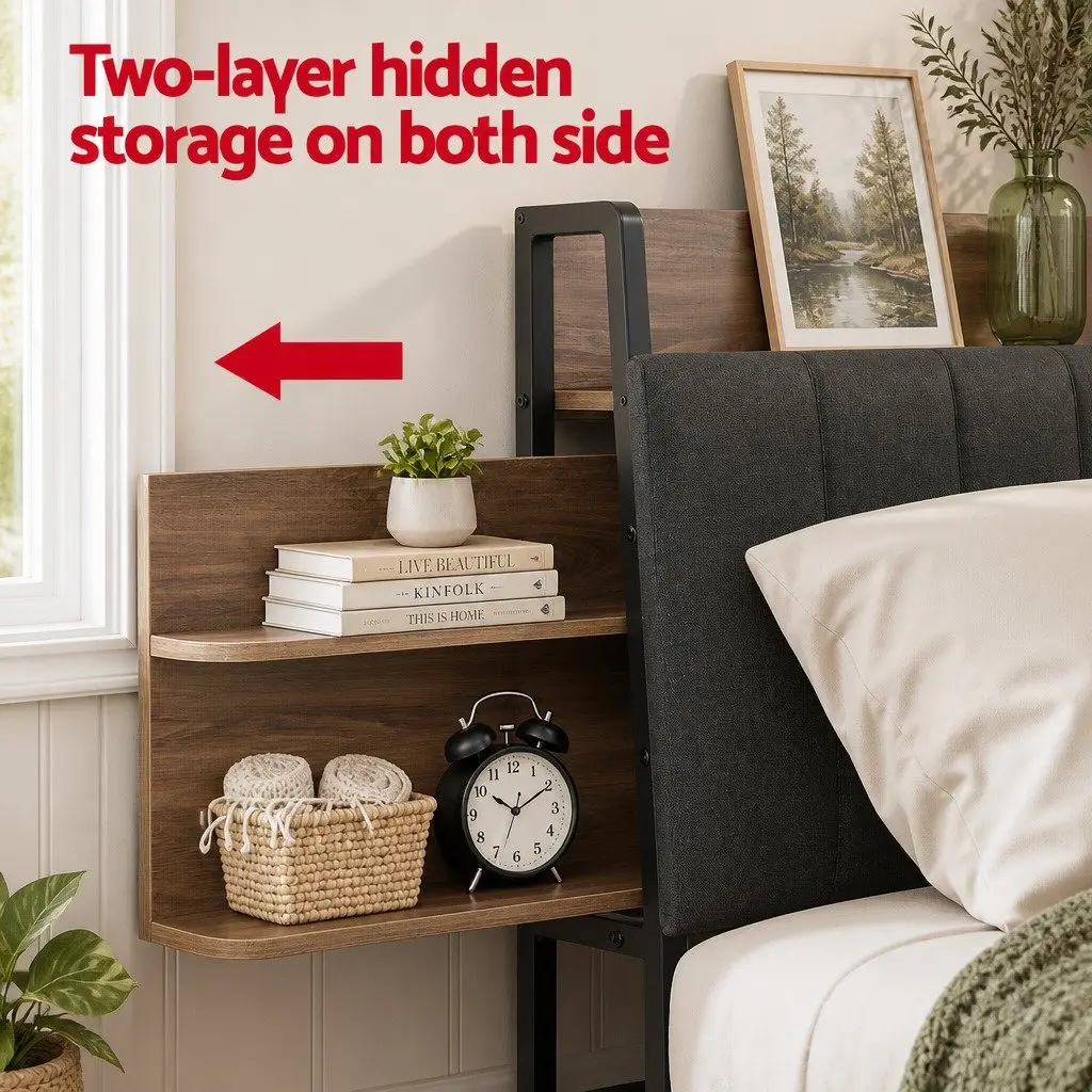 Metal Bed Frame with Ergonomic Comfort and Hidden Storage