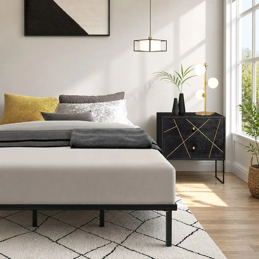 Queen Size Metal Bed Frame in Black with Storage Space
