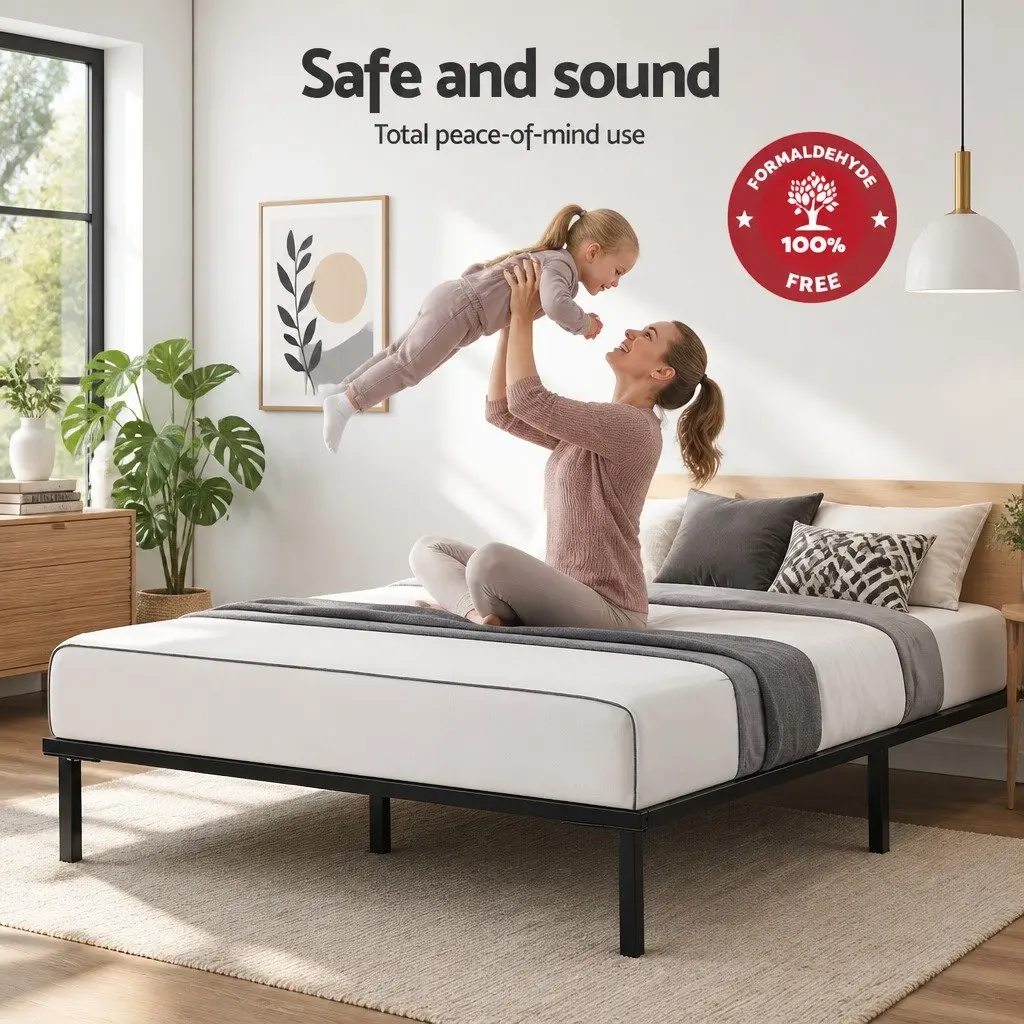 Queen Size Metal Bed Frame in Black with Storage Space