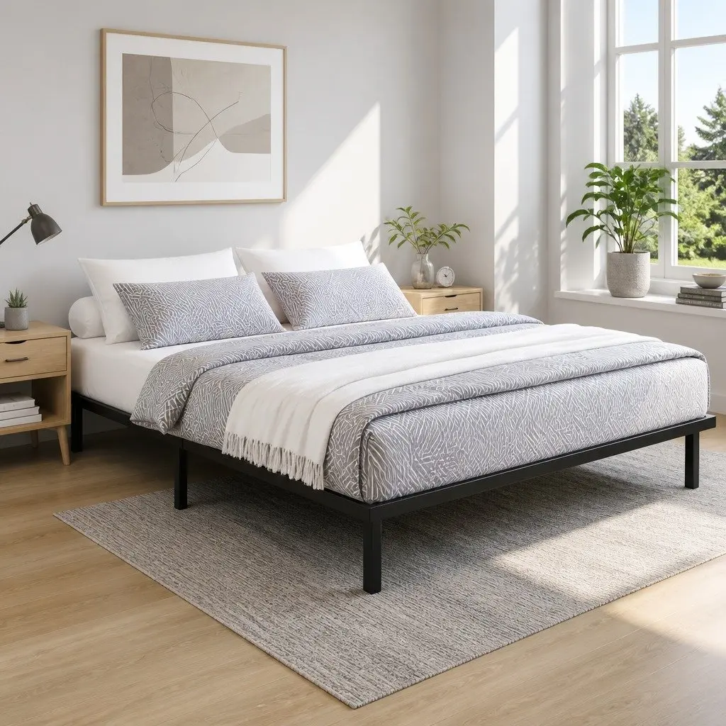 Queen Size Metal Bed Frame in Black with Storage Space