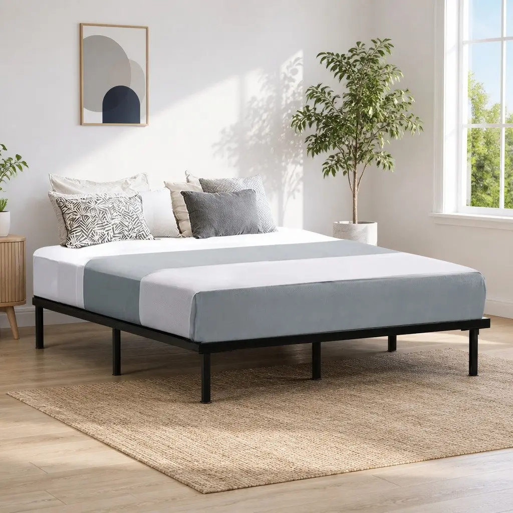 Queen Size Metal Bed Frame in Black with Storage Space
