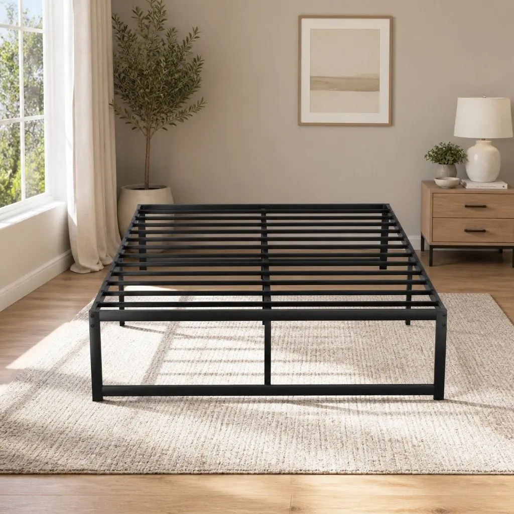 Double Metal Bed Frame Black Minimalist Design Storage Space Underneath Steel