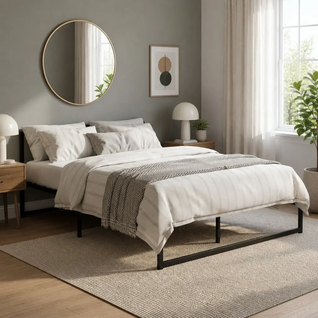 Queen Size Metal Bed Frame Black Steel with Center Support Slats Storage Space