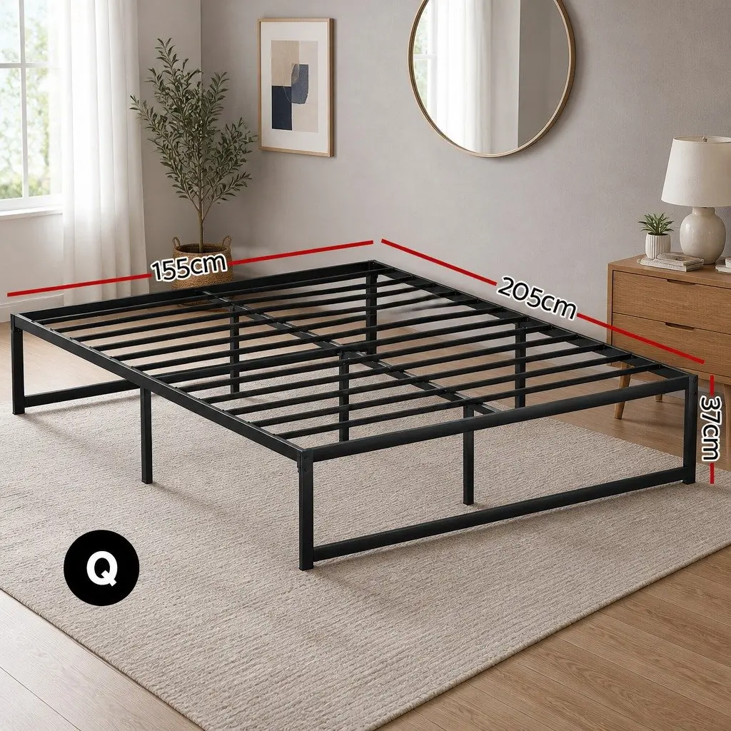 Queen Size Metal Bed Frame Black Steel with Center Support Slats Storage Space