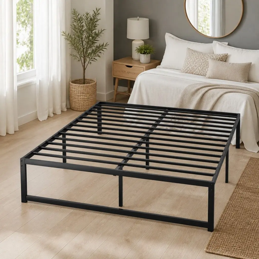 Queen Size Metal Bed Frame Black Steel with Center Support Slats Storage Space