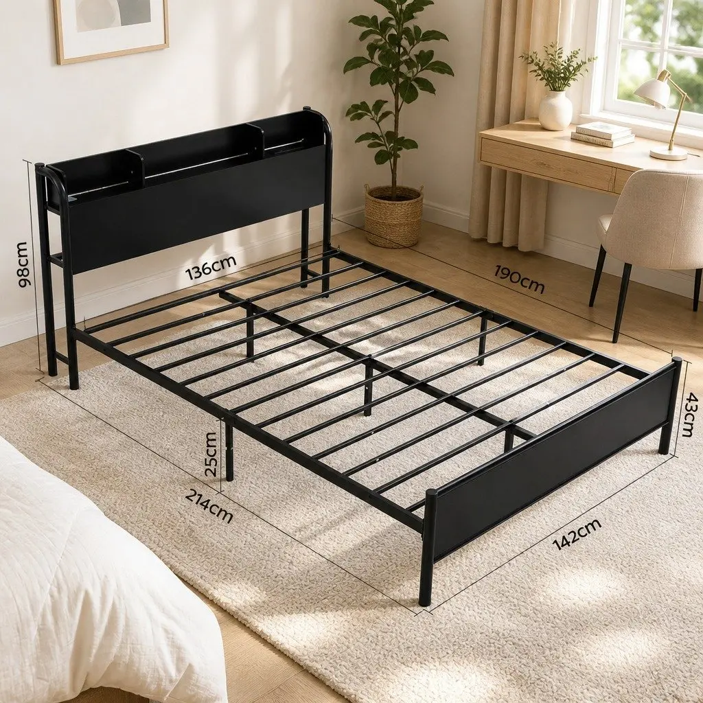 Double Size Bed Frame with Storage Headboard Charging Station LED Lights Black