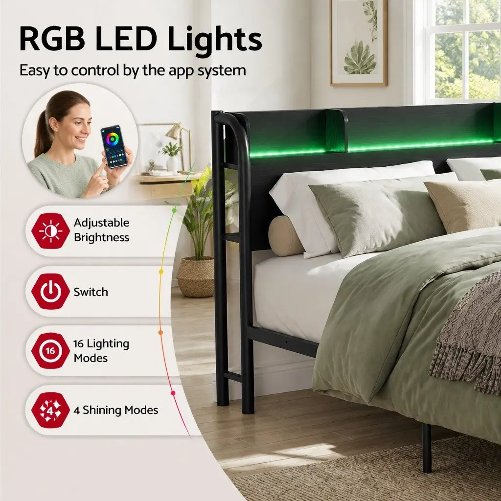 Double Size Bed Frame with Storage Headboard Charging Station LED Lights Black