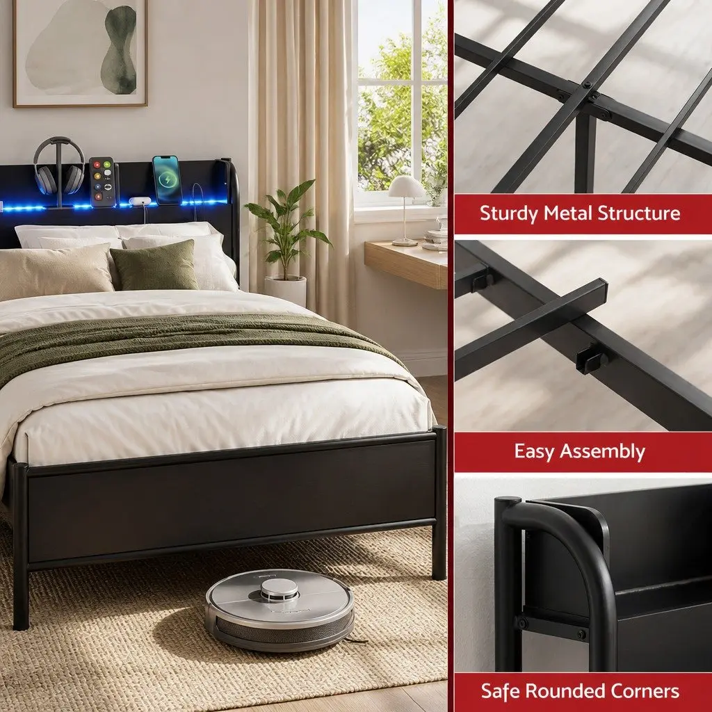 Double Size Bed Frame with Storage Headboard Charging Station LED Lights Black