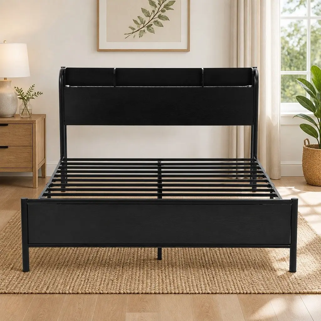Metal Bed Frame Queen Size with Storage Headboard Charging Station LED Lights Black