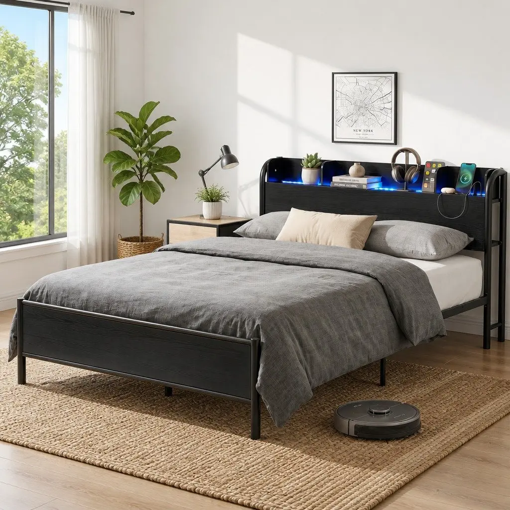 Metal Bed Frame Queen Size with Storage Headboard Charging Station LED Lights Black