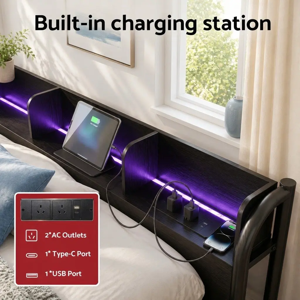 Single Bed Frame with Storage and Charging