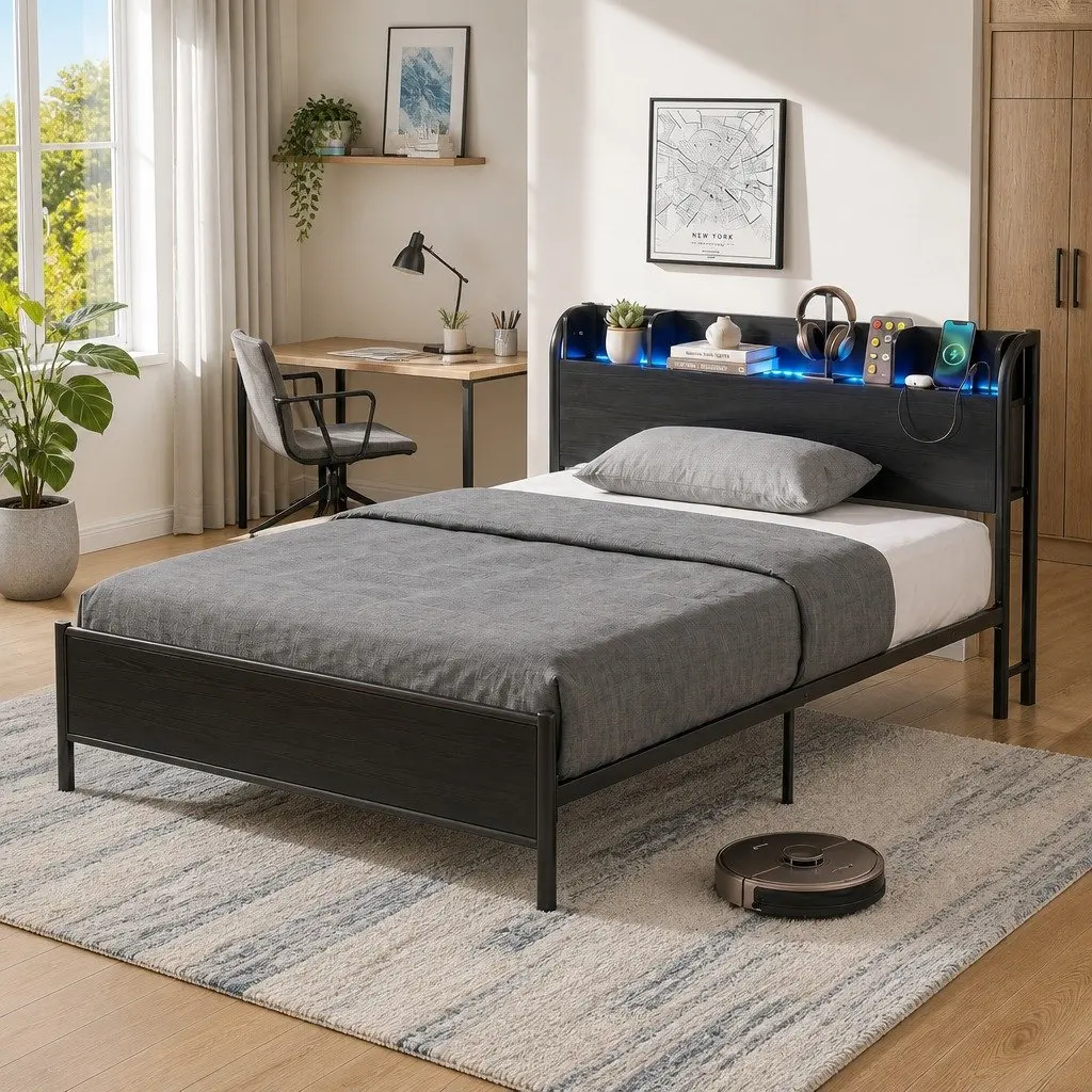 Single Bed Frame with Storage and Charging