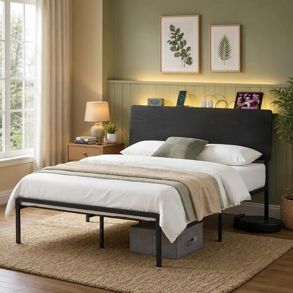 Queen Metal Bed Frame with LED and Storage Headboard