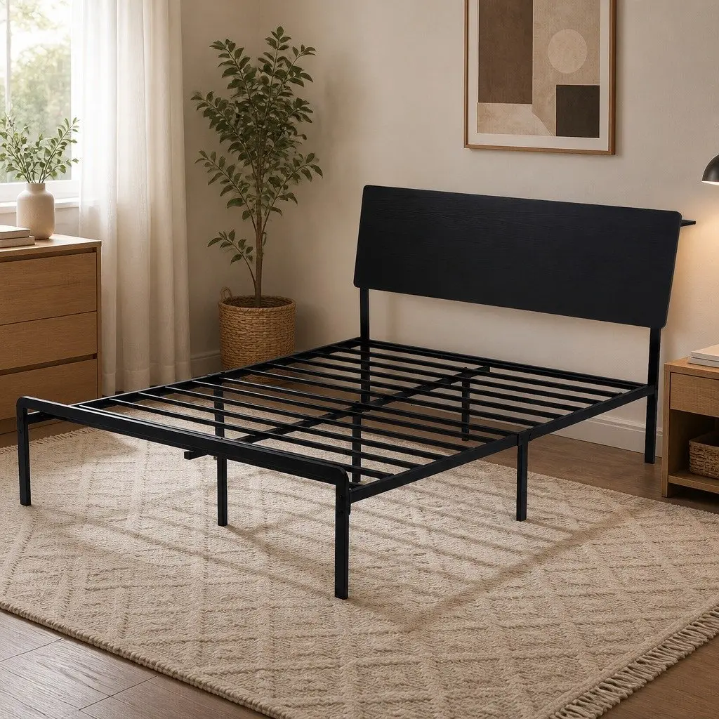 Queen Metal Bed Frame with LED and Storage Headboard