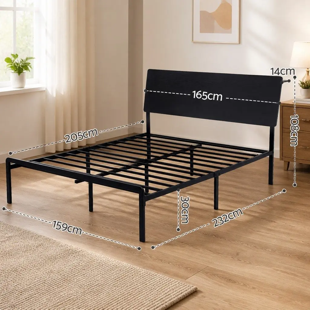 Queen Metal Bed Frame with LED and Storage Headboard