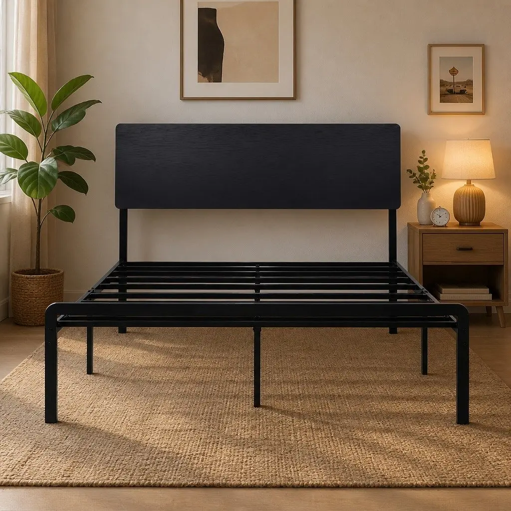 Queen Metal Bed Frame with LED and Storage Headboard