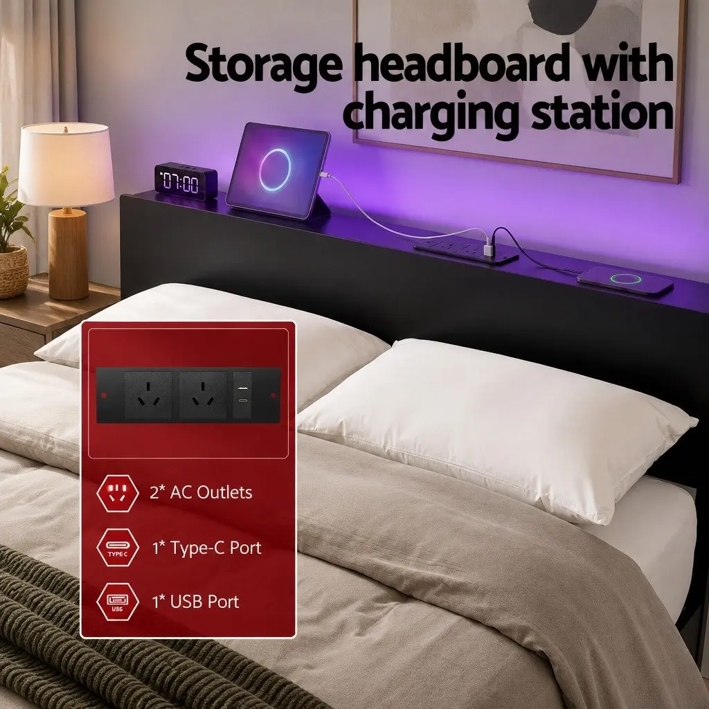 Queen Metal Bed Frame with LED and Storage Headboard