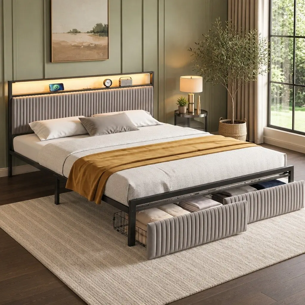 King Size Bed Frame with Velvet Headboard & USB Ports