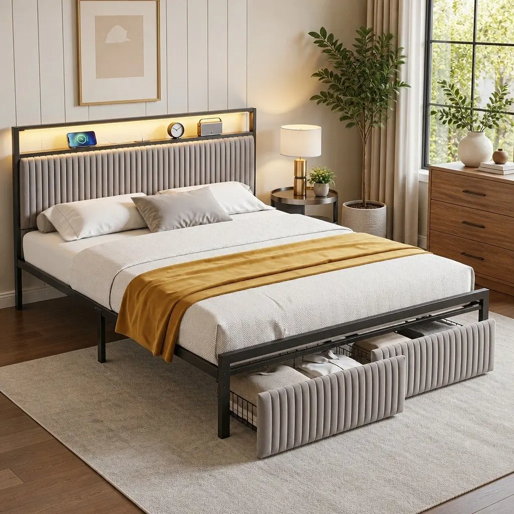 Queen Size Metal Bed Frame with LED Charging Station USB Type-C Headboard 2
