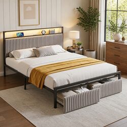 Queen Size Metal Bed Frame with LED Charging Station USB Type-C Headboard 2