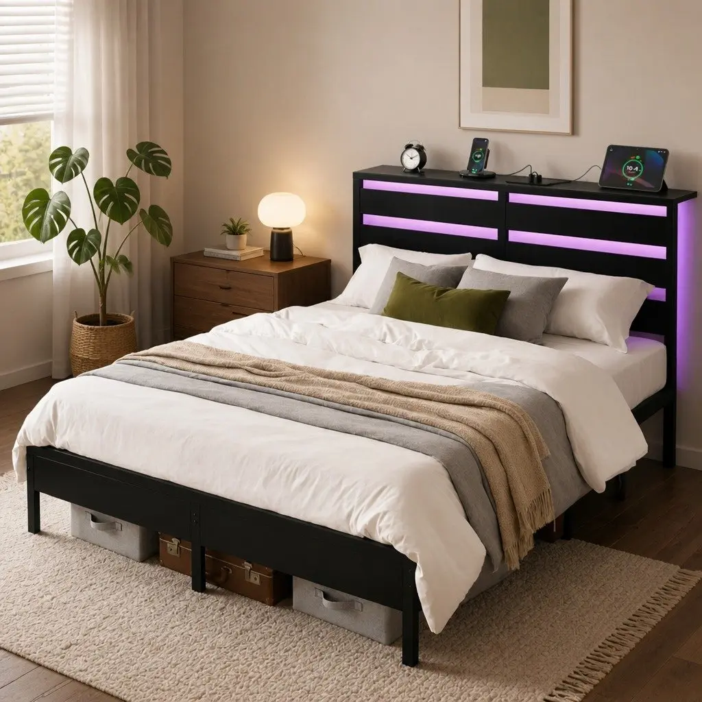 Double Bed Frame Black Metal Platform LED Lights Headboard Storage Charging