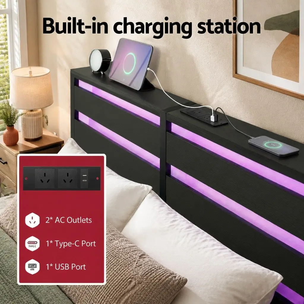 Double Bed Frame Black Metal Platform LED Lights Headboard Storage Charging