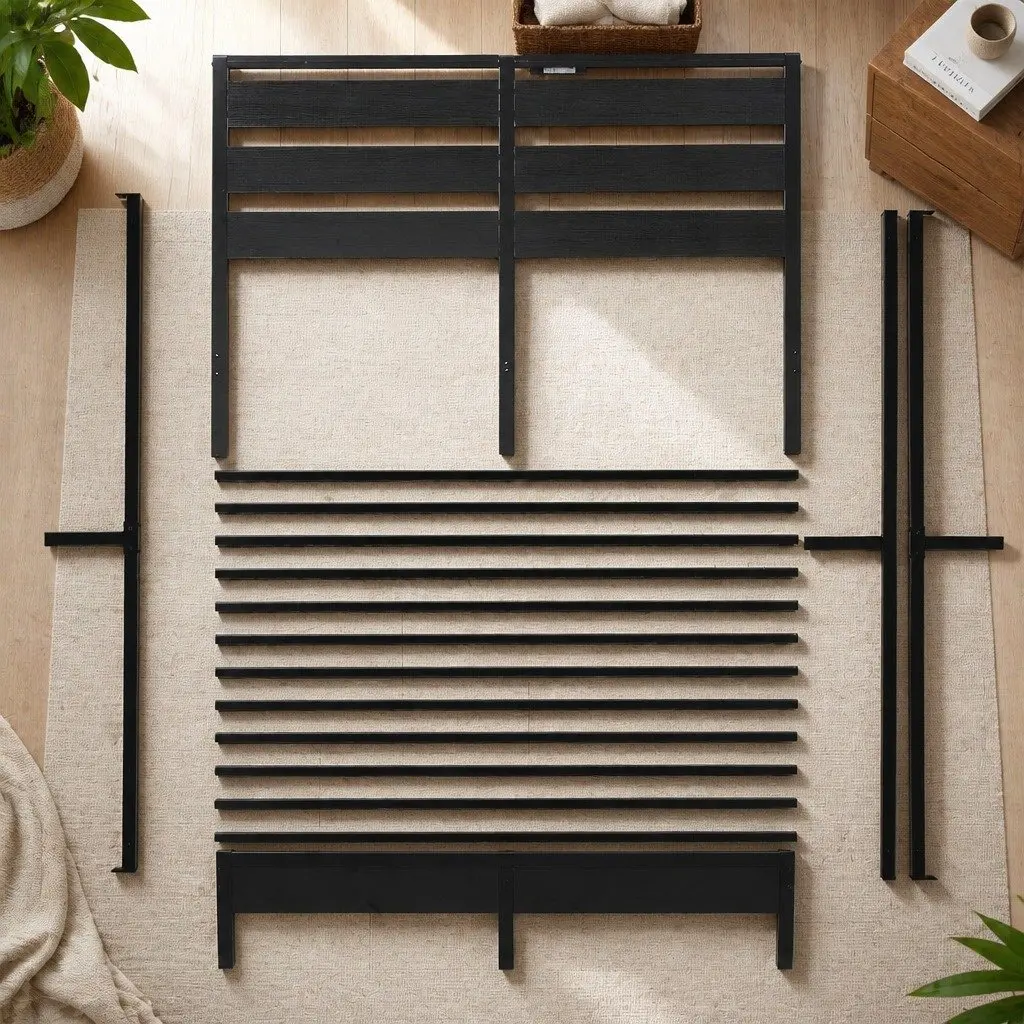 Double Bed Frame Black Metal Platform LED Lights Headboard Storage Charging