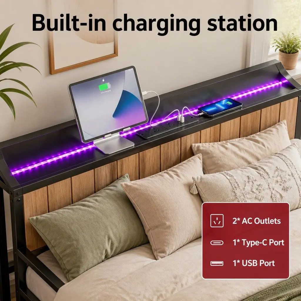 King Single Bed Frame Metal Trundle Daybed LED Lights Charging Station Storage