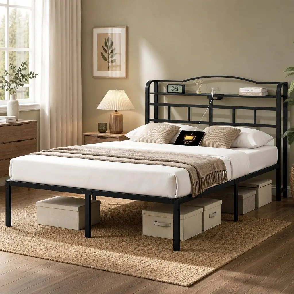 Double Bed Frame with Storage & Charging Functionality