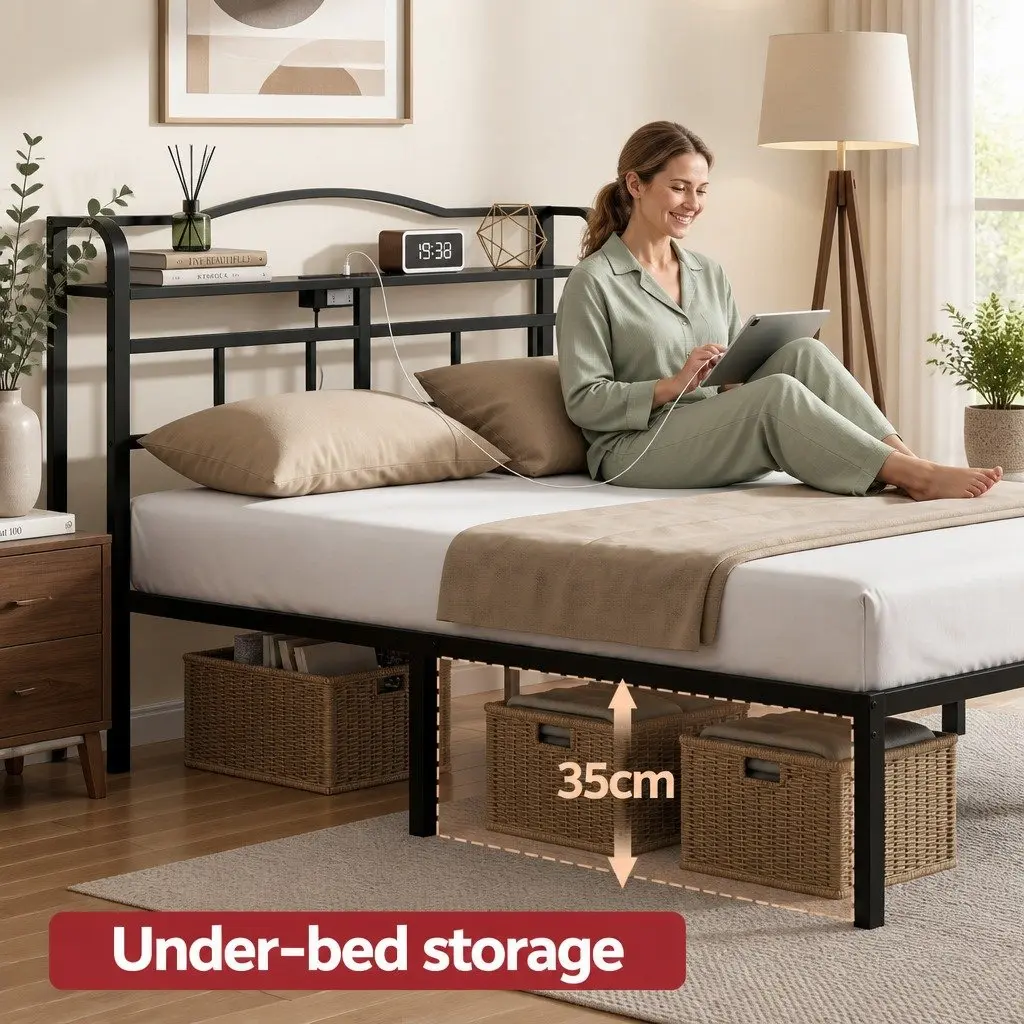 Queen Size Bed Frame Integrated Charging Station Black