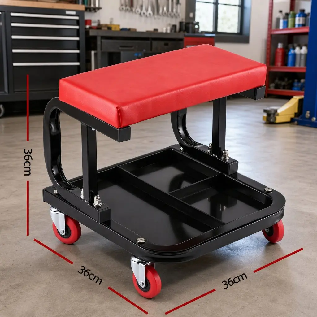 Rolling Mechanic Creeper Seat Tool Tray 36x36cm Heavy Duty Red or Black