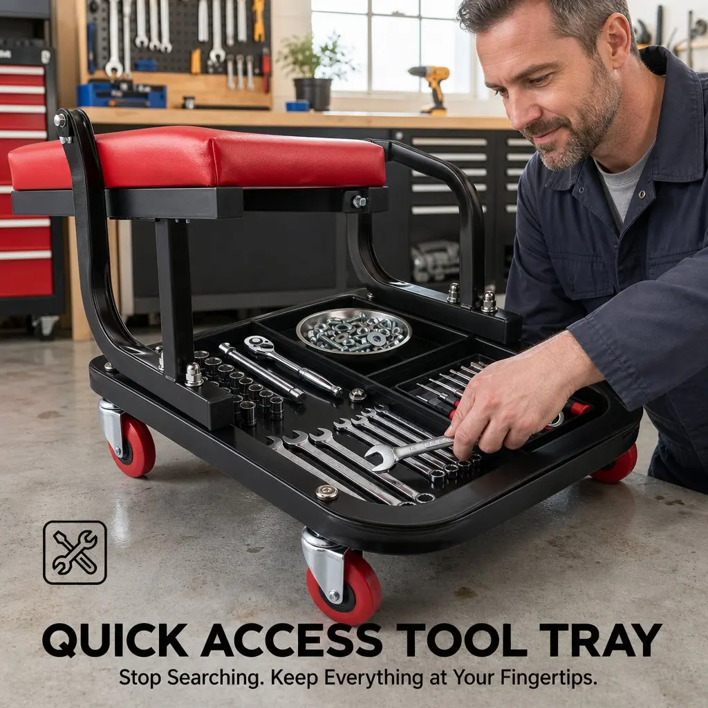 Rolling Mechanic Creeper Seat Tool Tray 36x36cm Heavy Duty Red or Black