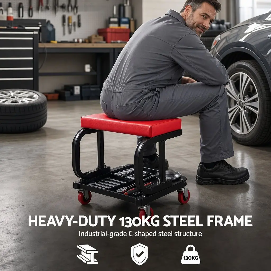 Rolling Mechanic Creeper Seat Tool Tray 36x36cm Heavy Duty Red or Black