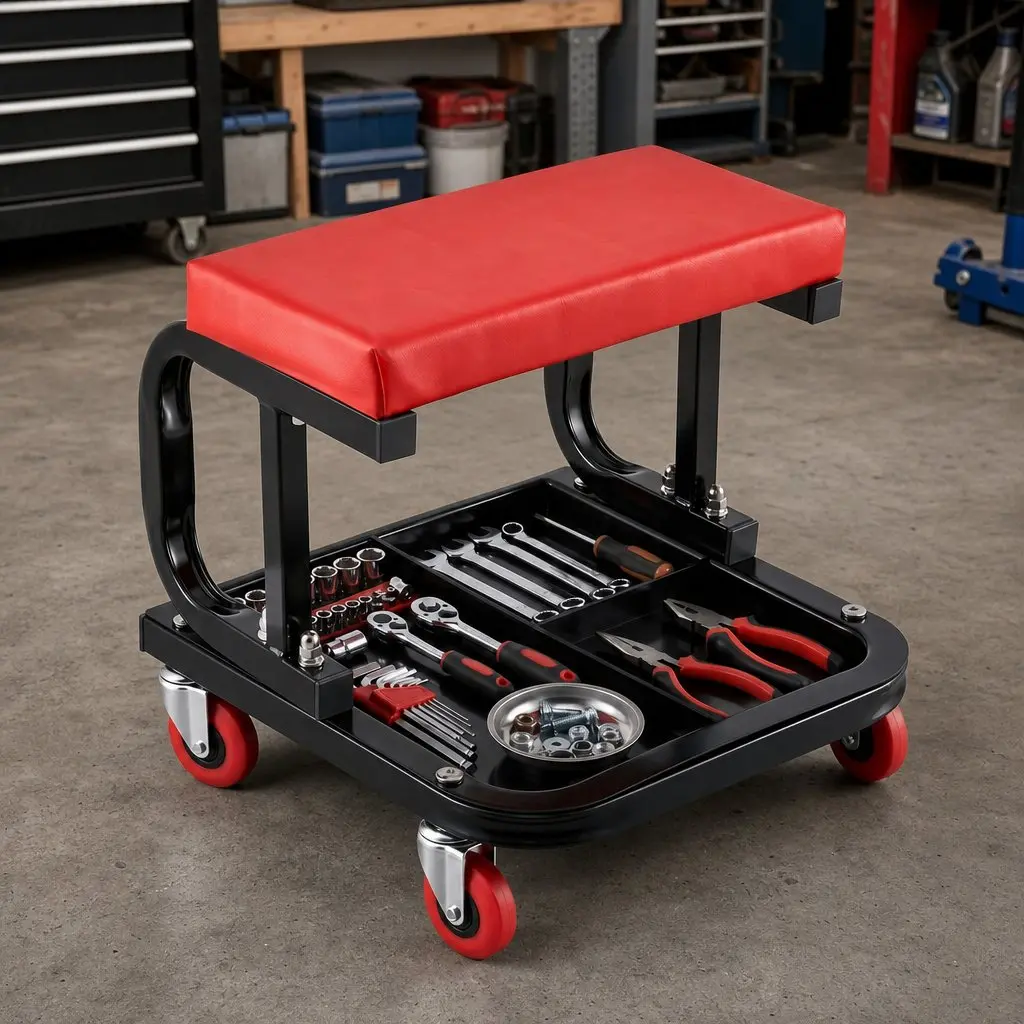 Rolling Mechanic Creeper Seat Tool Tray 36x36cm Heavy Duty Red or Black
