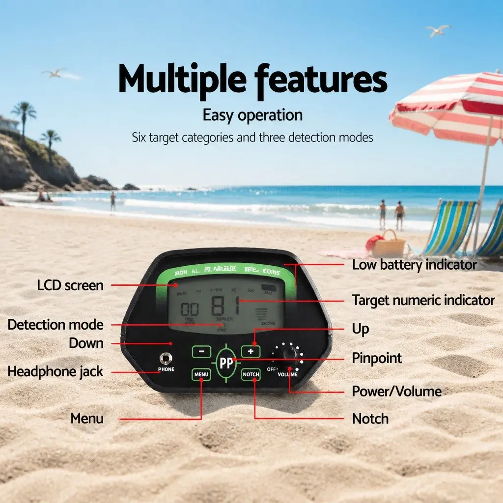 Metal Detector LCD Screen Waterproof Beach Search Coil Adjustable Black