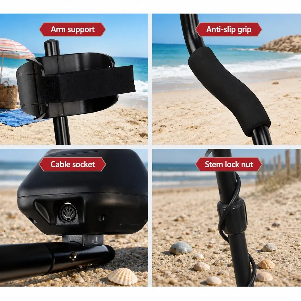 Metal Detector LCD Screen Waterproof Beach Search Coil Adjustable Black