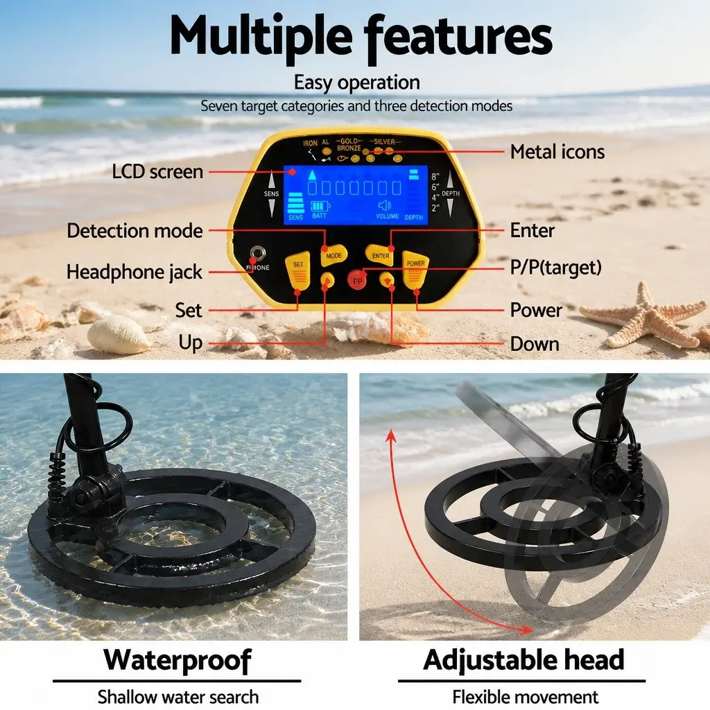 Metal Detector Pinpoint Function Waterproof Yellow 180MM Adjustable Shaft LCD Display