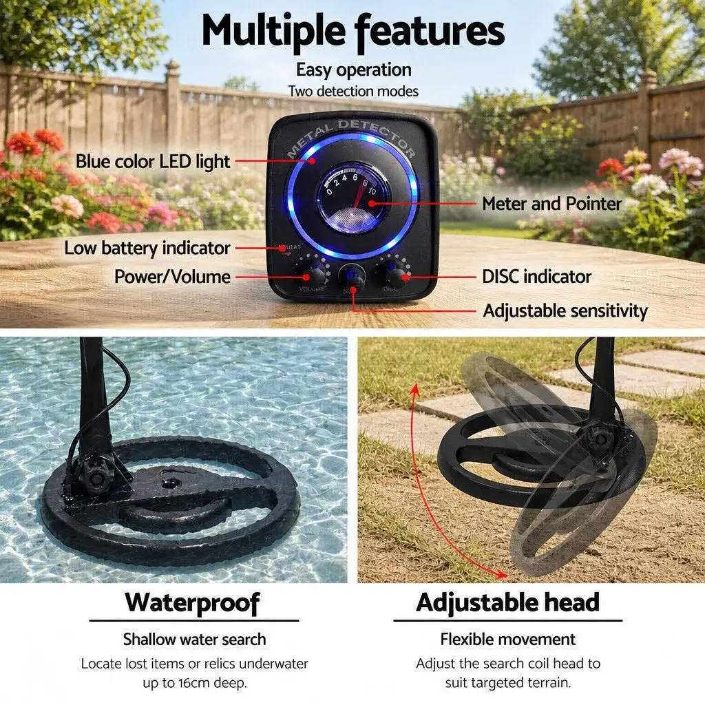 Metal Detector Waterproof Search Coil Headphones Adjustable 99-116cm Black