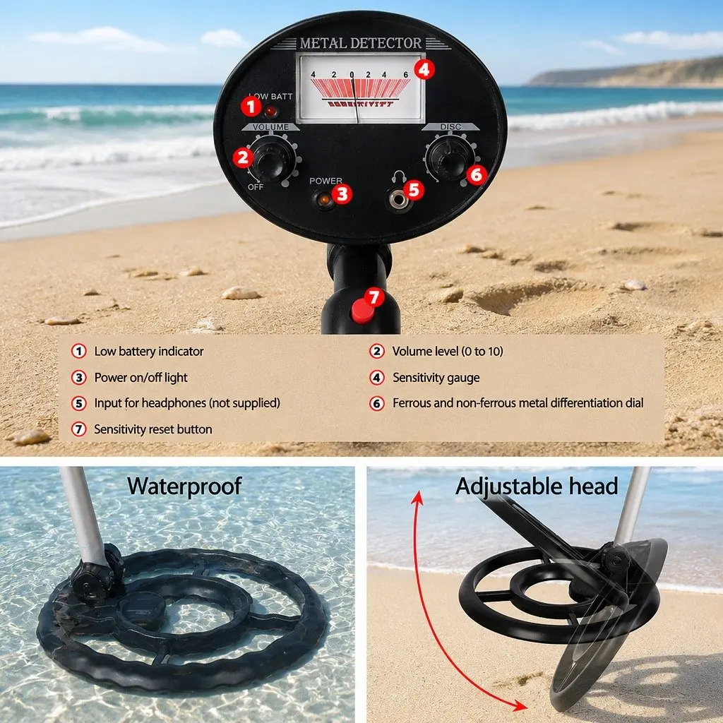 Metal Detector for Treasure Hunting 180MM Waterproof Search Coil Black Adjustable Length