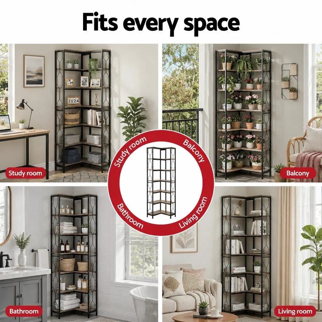 6 Tier L-Shaped Corner Bookshelf Hexagonal Design Display Storage Shelves Oak