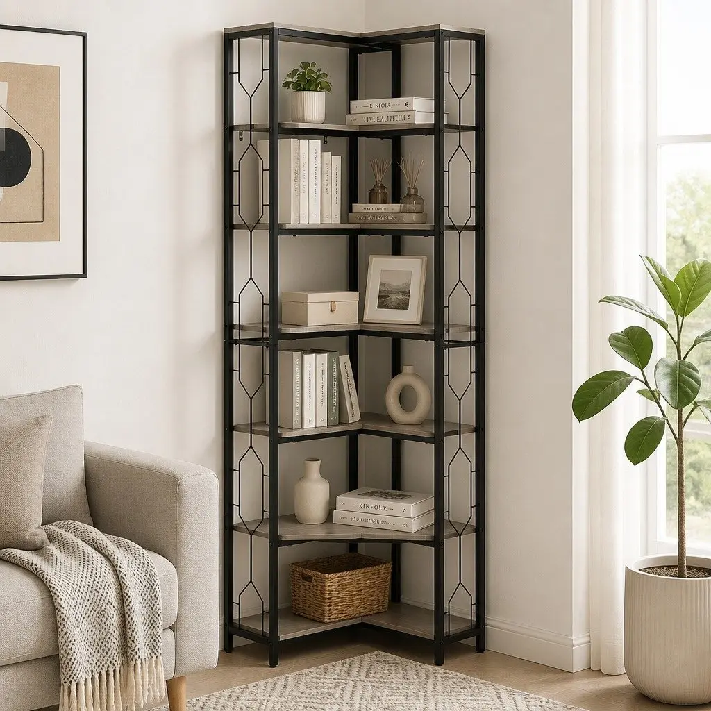 6 Tier L-Shaped Corner Bookshelf Hexagonal Design Display Storage Shelves Oak