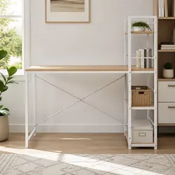 Computer Desk in Oak Finish with White Frame and Storage