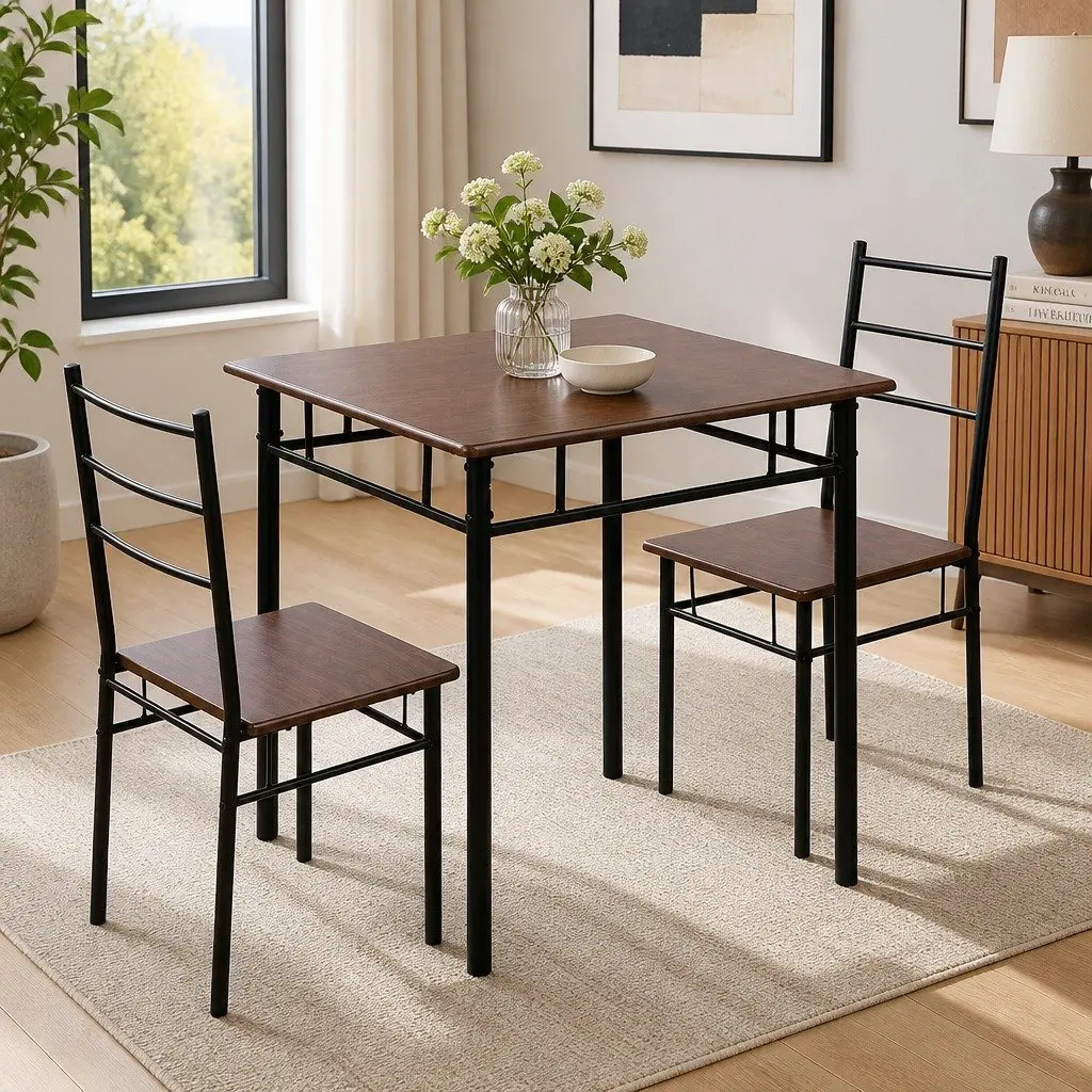 Dining Table and Chairs Set for 3 Industrial Design Walnut Black Frame