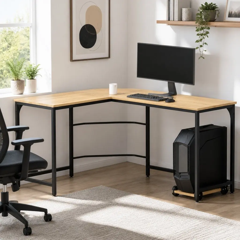 L-Shape Computer Desk Corner Office Workstation CPU Stand Oak 147cm Home Study